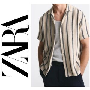 ZARA Textured Weave Shirt Ecru Black Burlap Festival Boho Upscale Sleek Men M